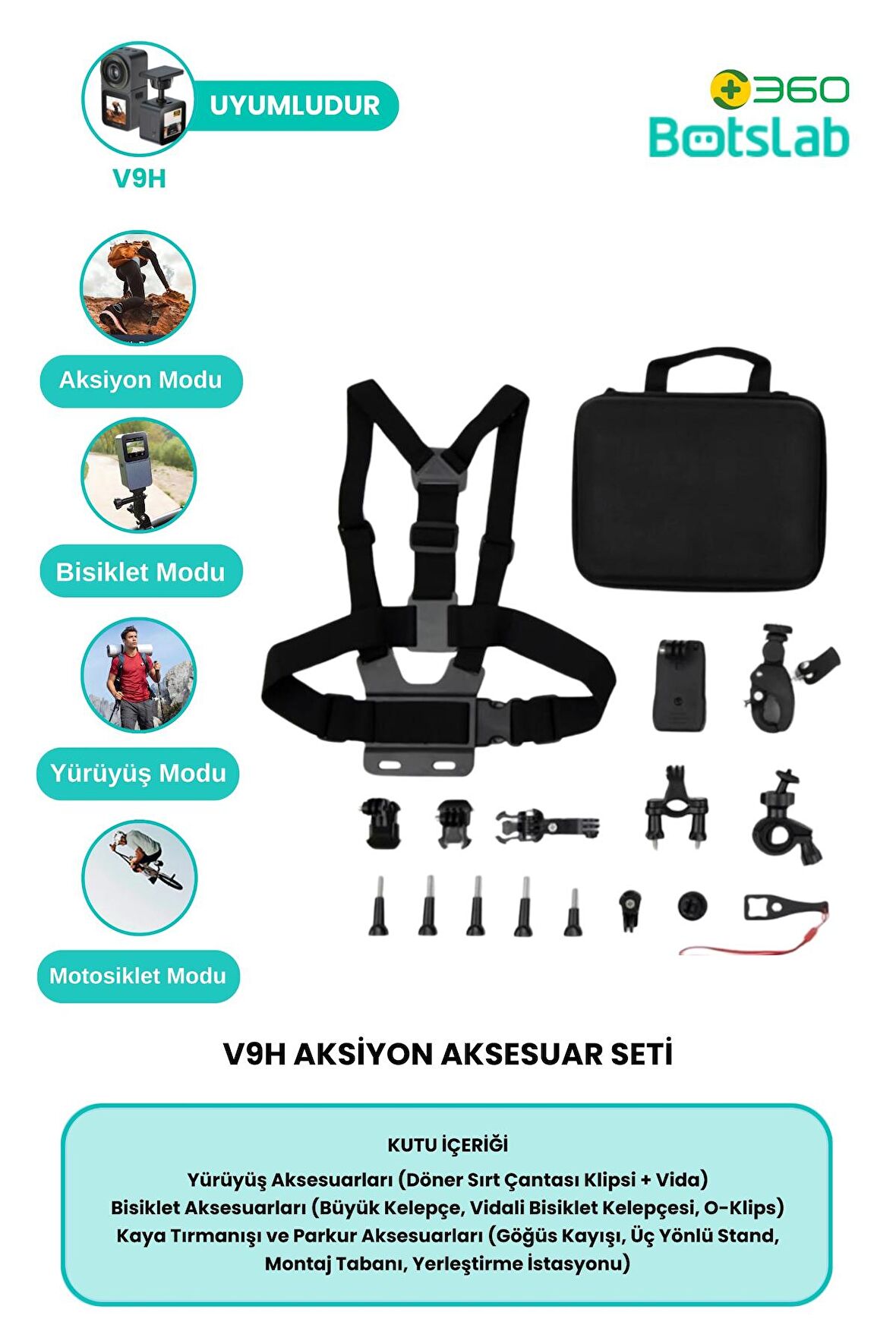 +360 Botslab V9H Aksesuar Seti (Göğüs kayışı - Çanta Klipsi - Bisiklet Kelepçesi)
